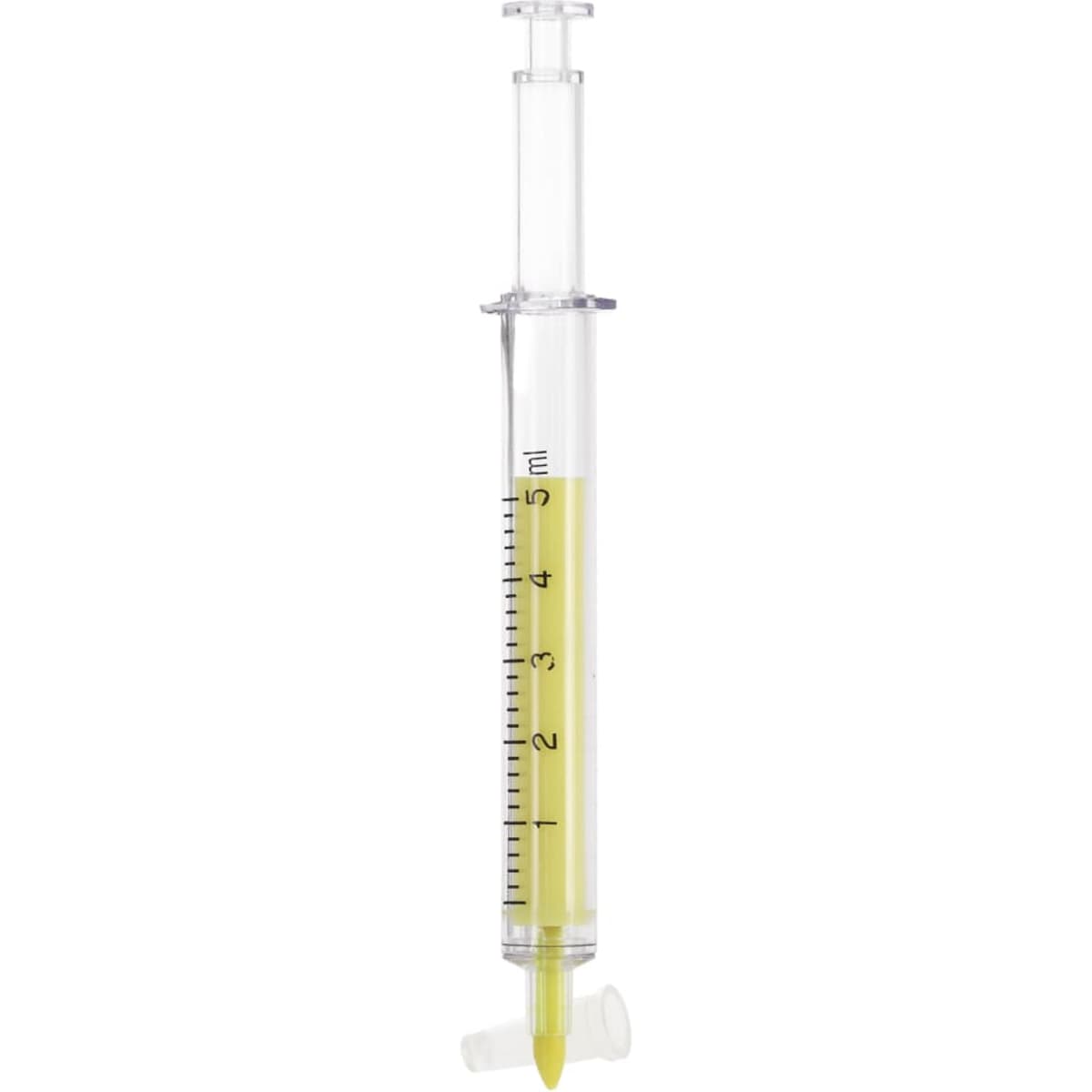 A clear syringe filled with yellow liquid, marked with measurement increments up to 5 ml.