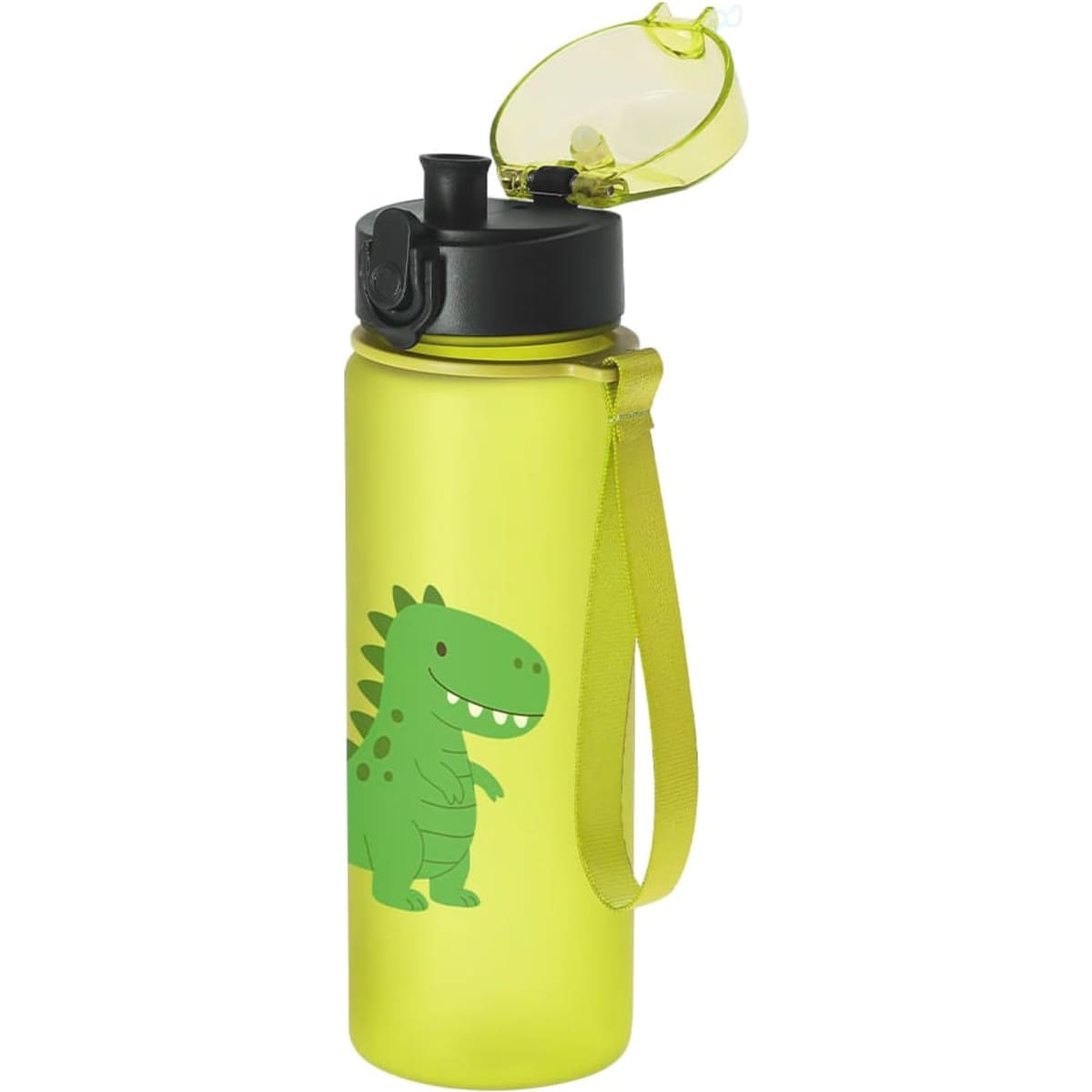 A drink bottle in bright yellow with a green dinosaur design and a flip-top lid. It features a handy strap.