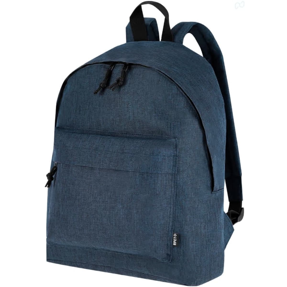 A dark blue backpack with a front pocket, two shoulder straps, and a textured fabric. It features a logo.