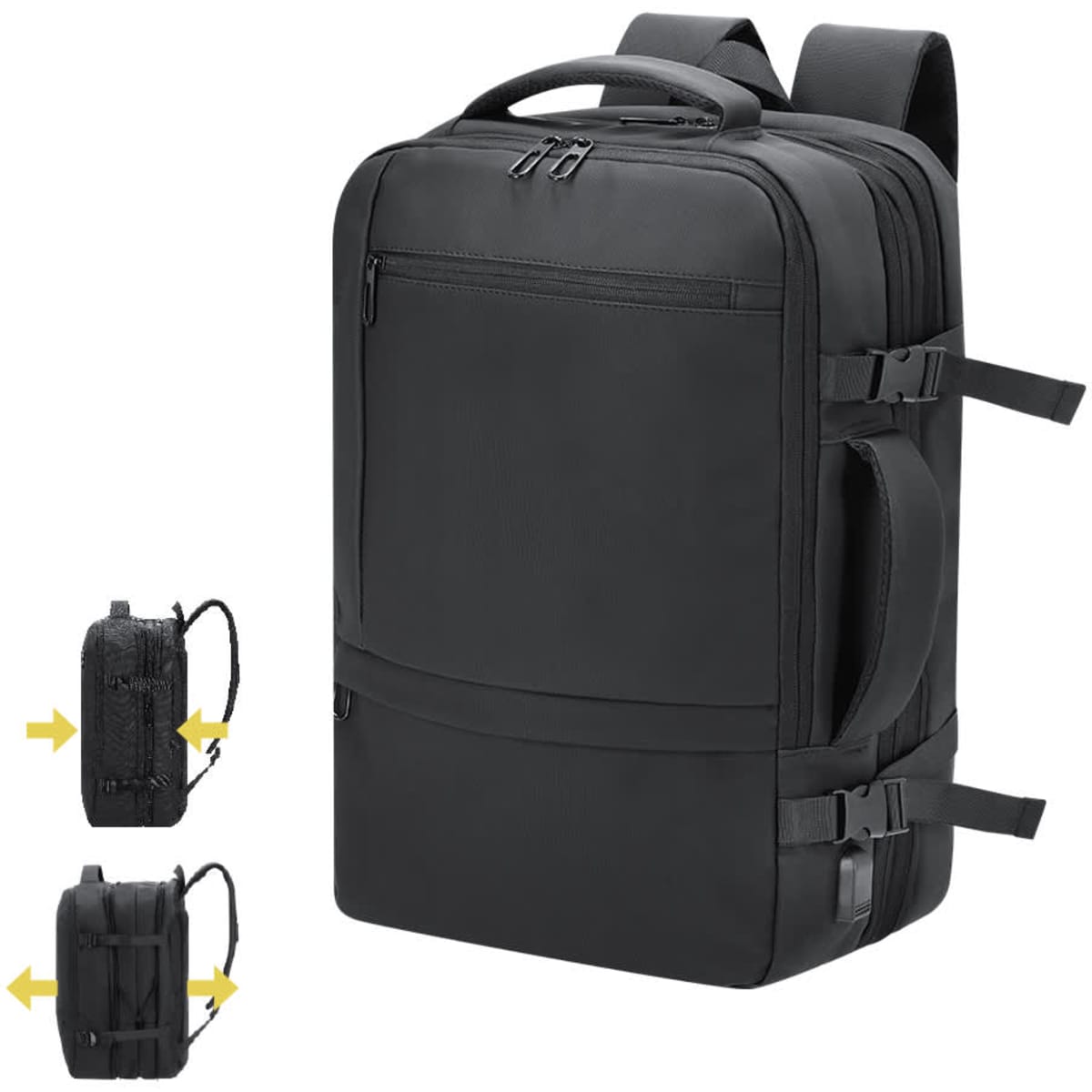 A black backpack with multiple compartments, featuring a sleek design and a side handle for easy carrying.