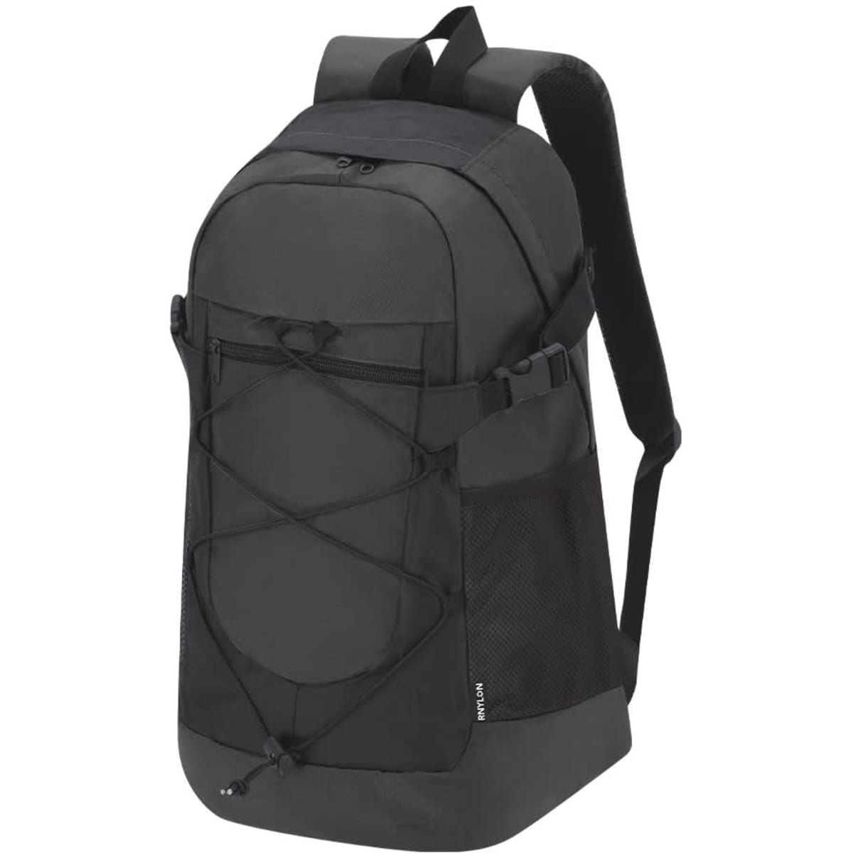 A grey and black backpack with a mesh side pocket and exterior bungee cord details. It features adjustable straps and a logo.