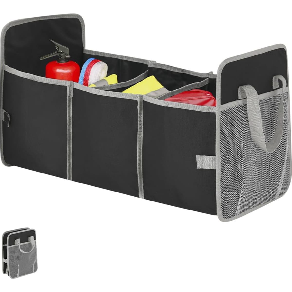 A black and grey utility bag with multiple compartments, featuring a mesh side pocket and various items inside.