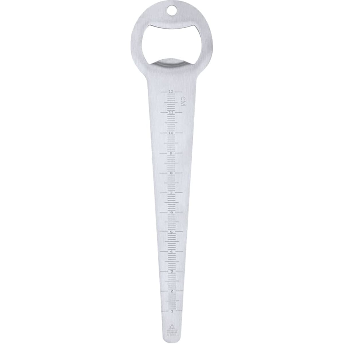 A drink bottle opener with a ruler design, featuring a silver metallic finish and a small logo.