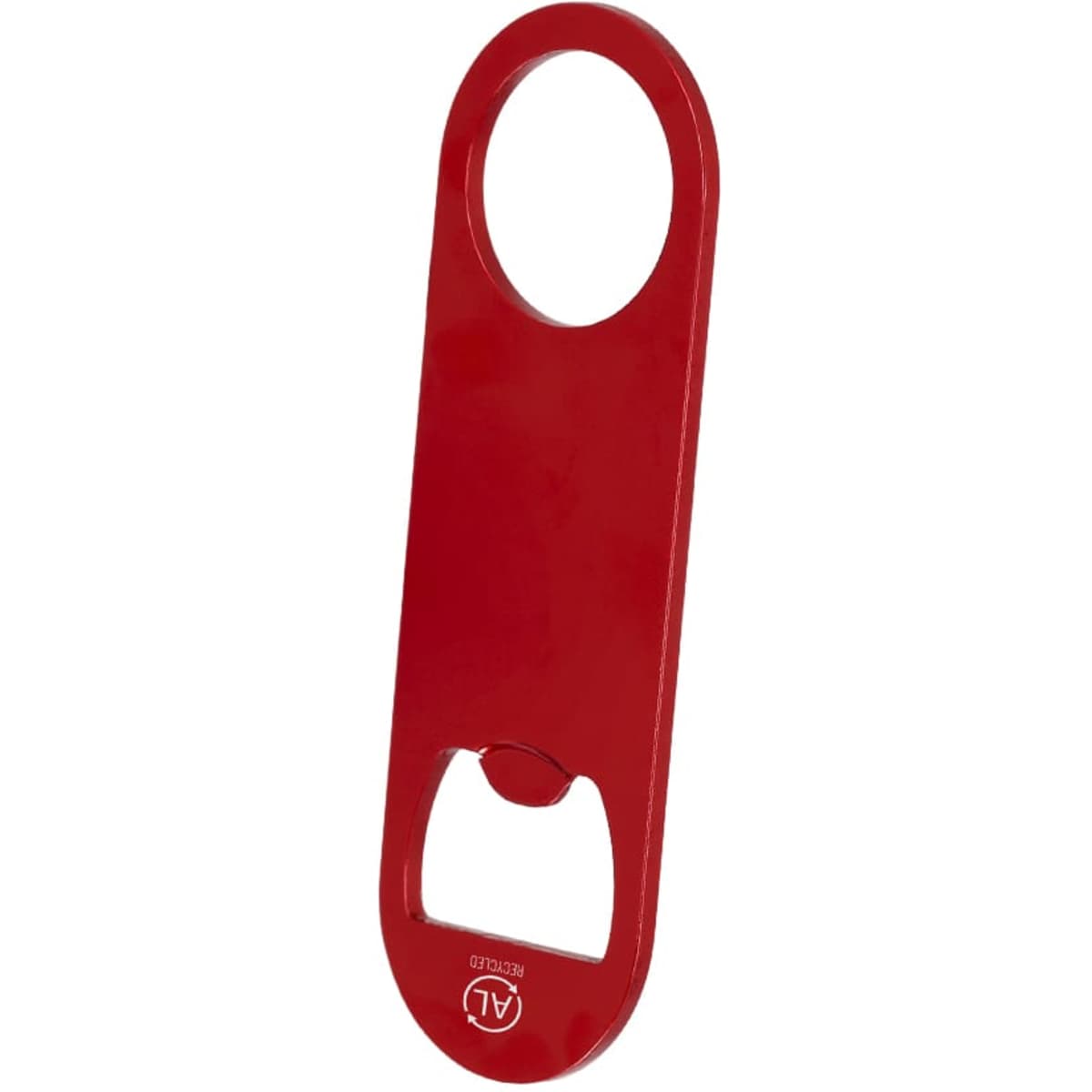 A red bottle opener featuring a circular handle and a built-in opener, with a logo visible on the surface.