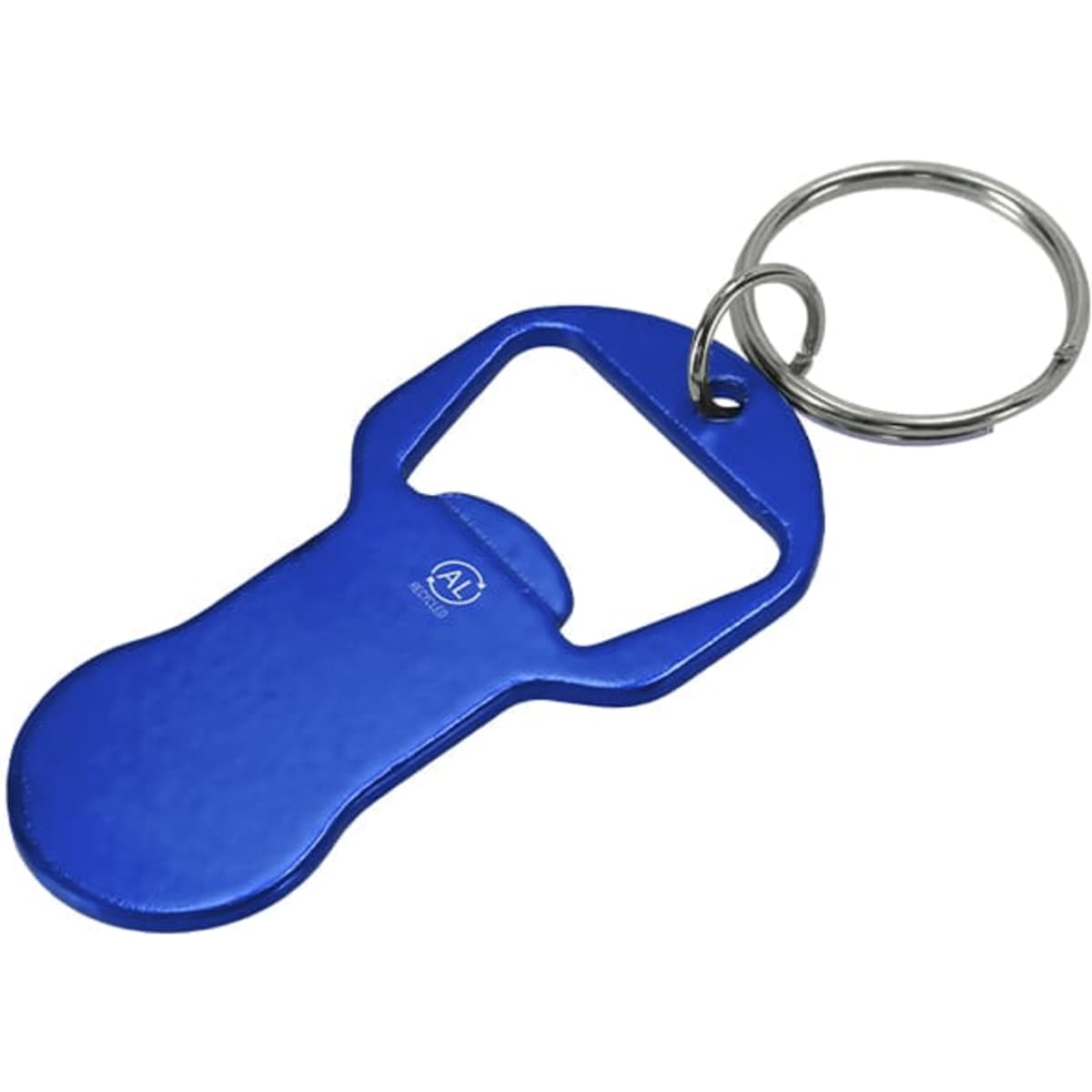 A blue keyring bottle opener with a metal keyring attachment and a logo on the surface.