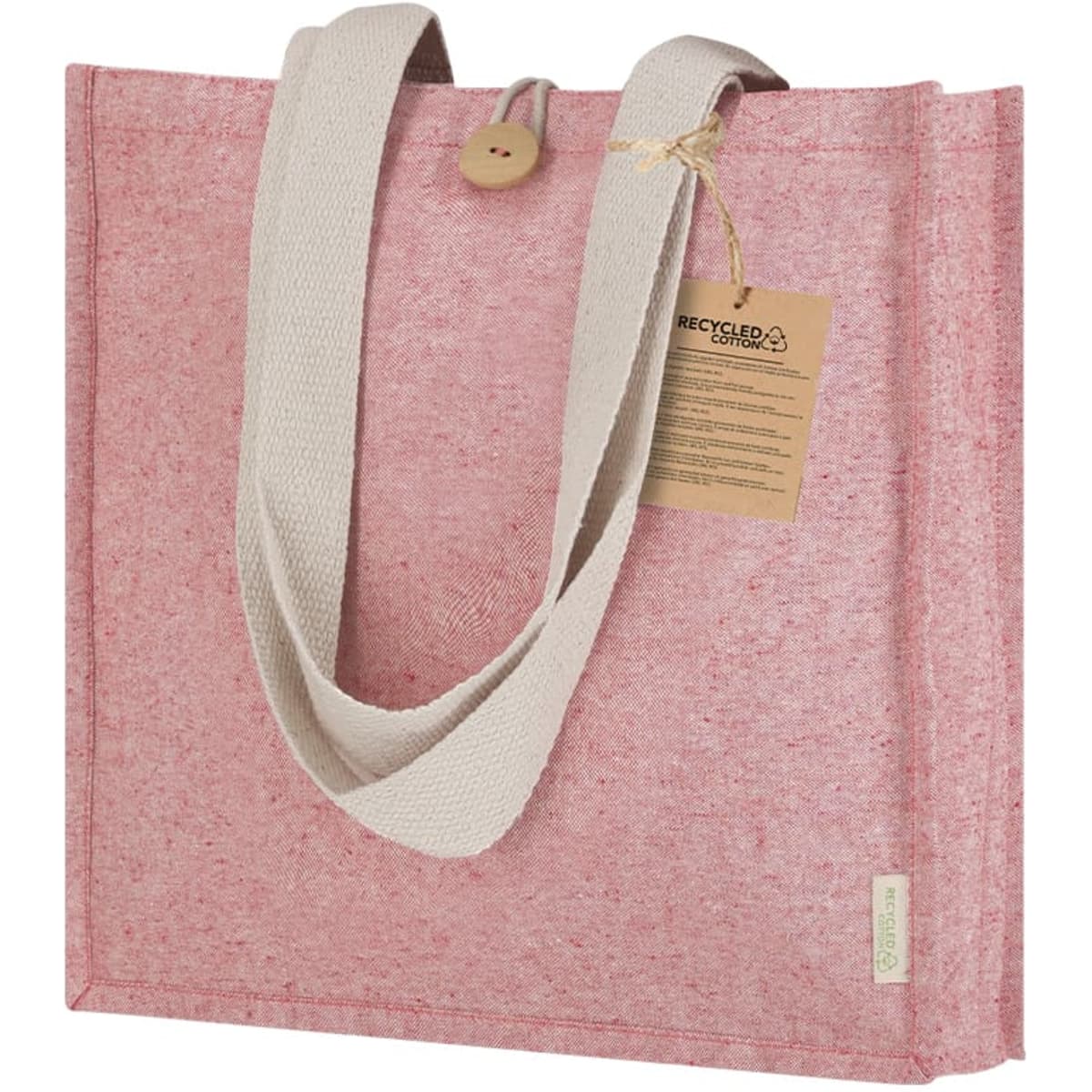 A pink tote bag with a natural-coloured strap and a tag, featuring a logo.