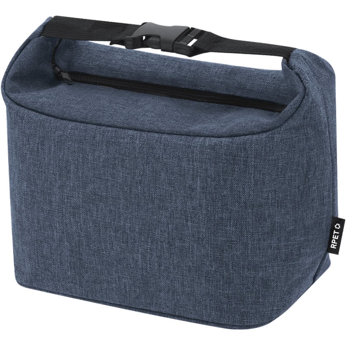 A denim blue cooler bag with a zip closure and a carrying strap. It features a logo on the side.