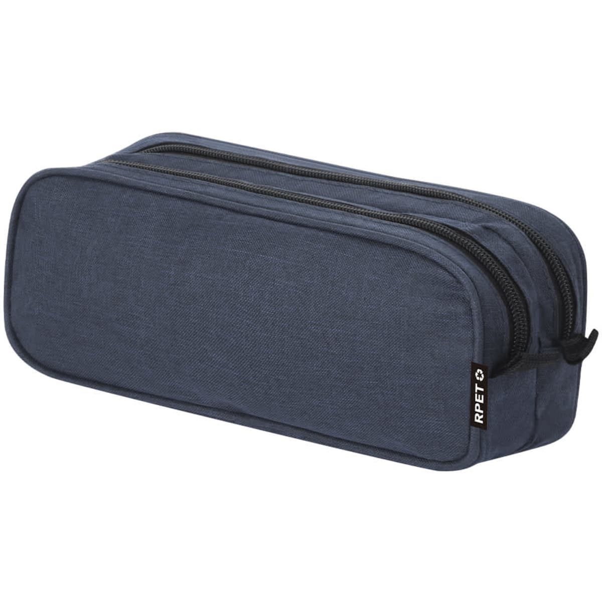 A navy blue pencil case with a double zipper, featuring a logo on the side.