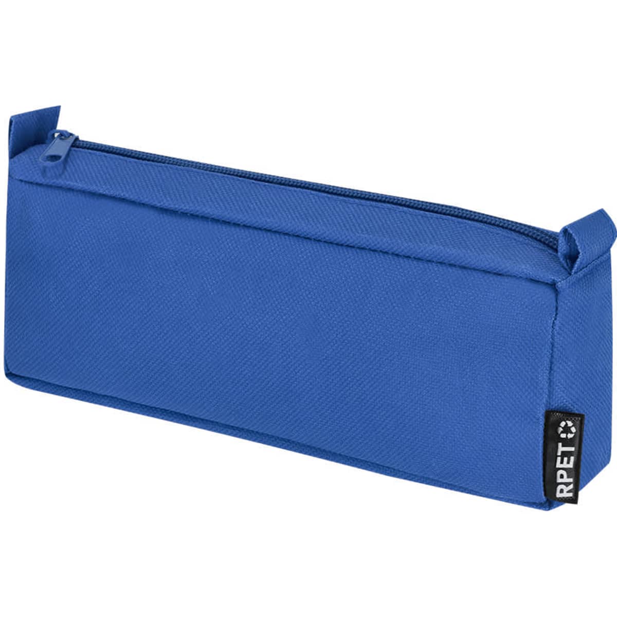A blue pencil case with a zip closure and a branding tag on the side.