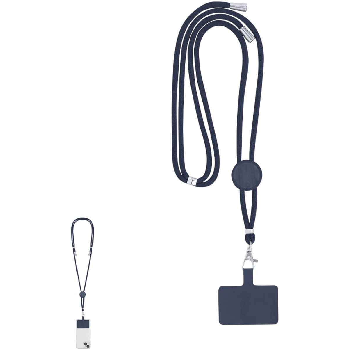 A navy blue lanyard with a retractable badge holder and a flat ID card attachment. It features a logo on the badge holder.