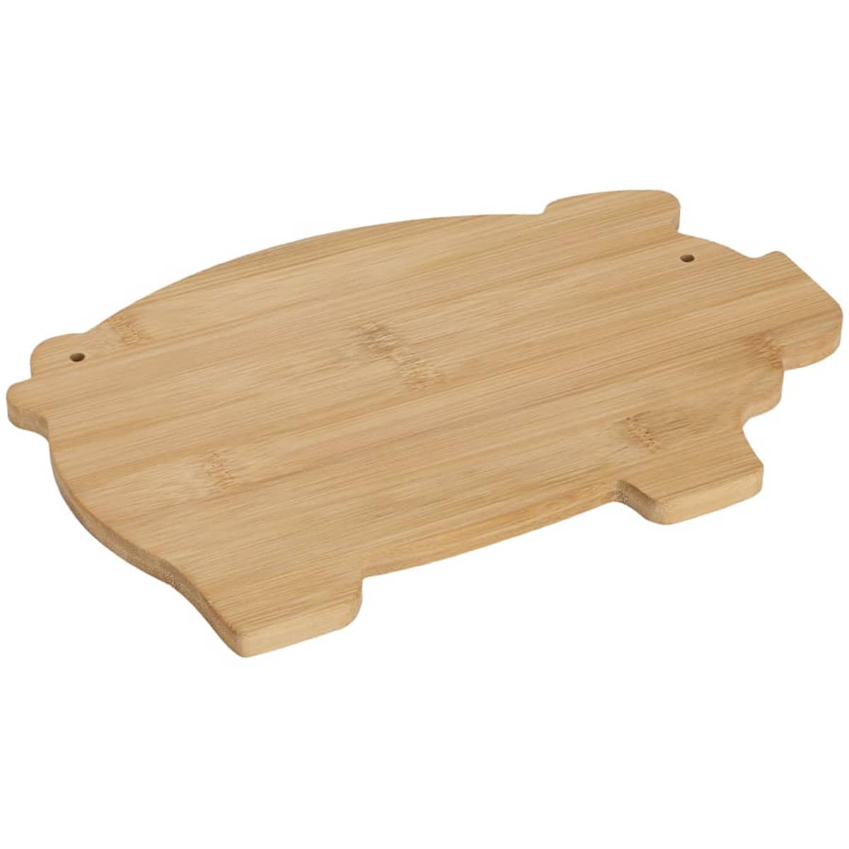 A bamboo chopping board shaped like a pig, featuring a smooth surface and a small logo.