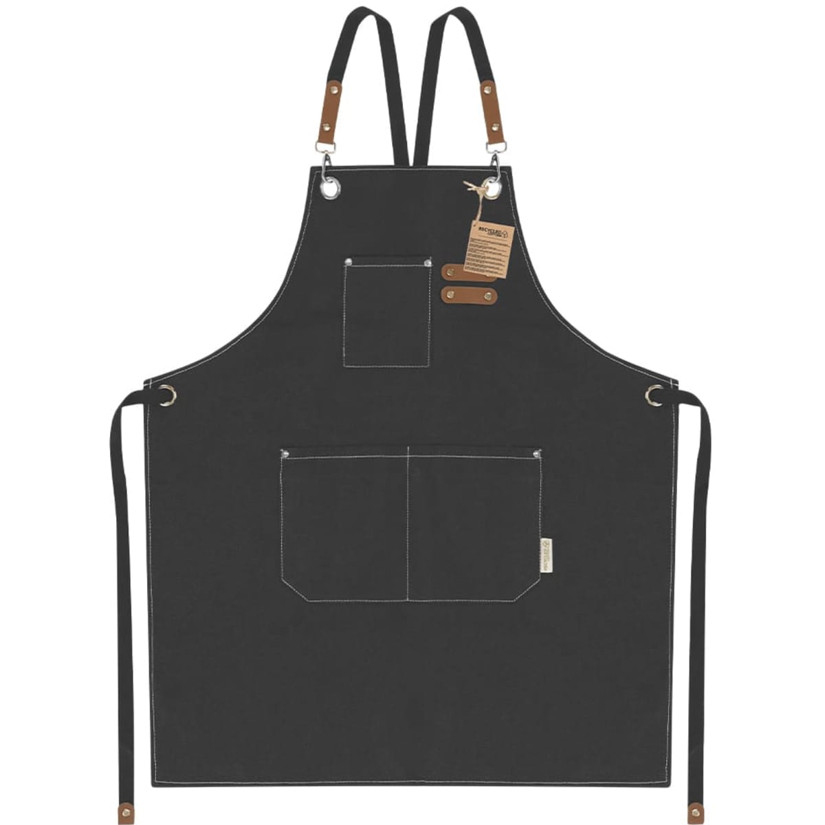 A black Fonor apron with leather details and multiple pockets. It features adjustable straps and a branding tag.