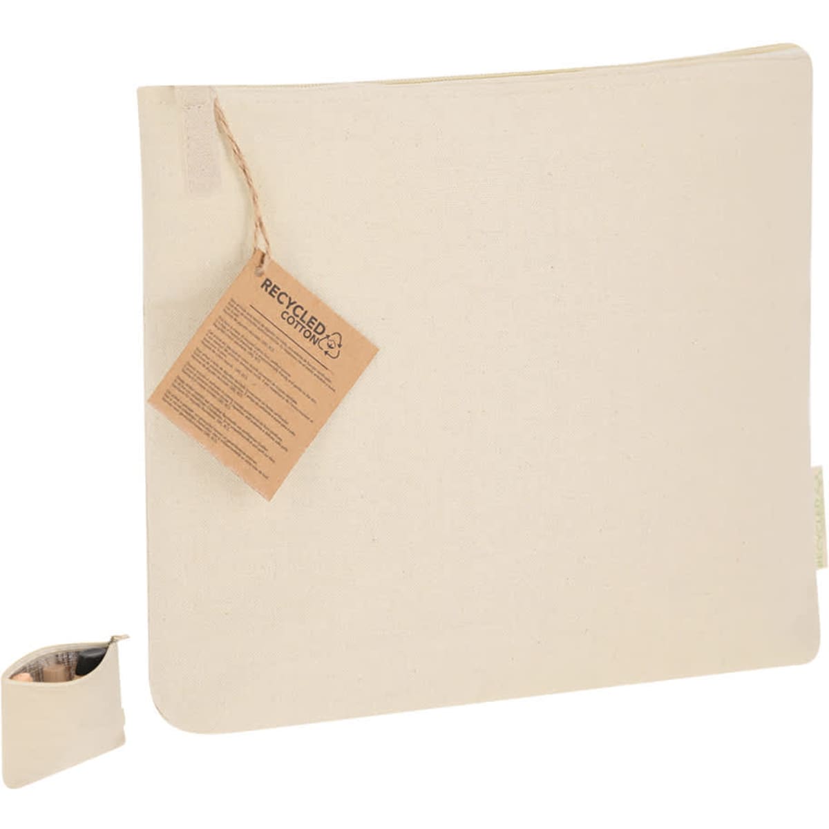 A cream insulated bag, featuring a tag, alongside a smaller matching pouch for storage.
