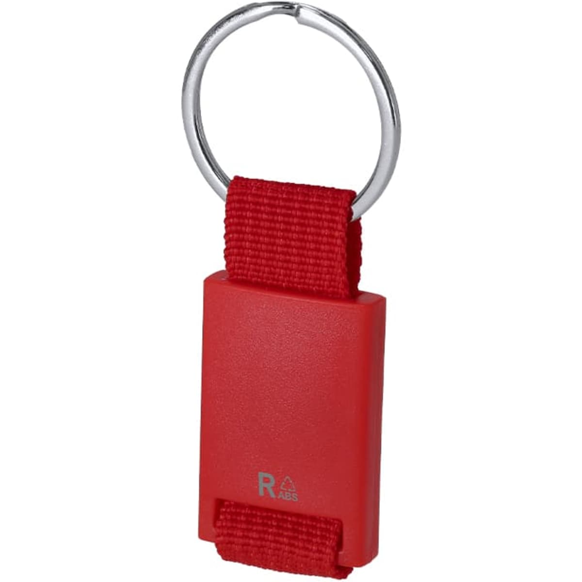 A red keyring with a metal loop and a rectangular plastic holder attached by a fabric strap.