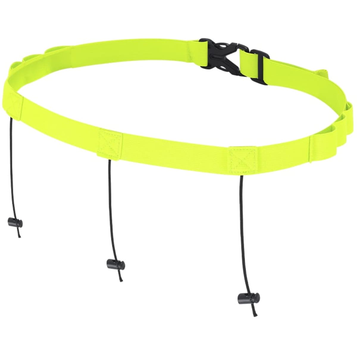A bright yellow belt with a black buckle and adjustable cords on each side, designed as a clothing accessory.