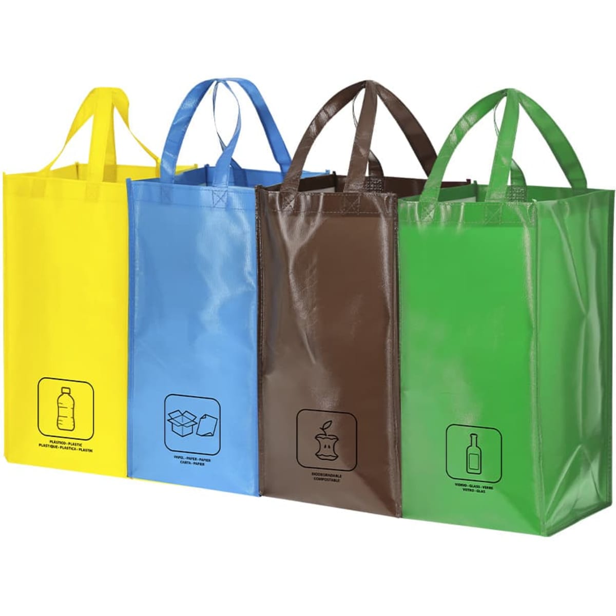 A set of four reusable grocery bags in yellow, blue, brown, and green, each with a logo.