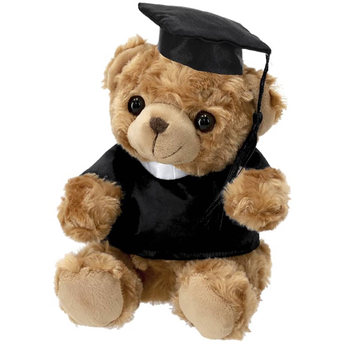 A plush teddy bear in a black graduation gown and cap, featuring a soft brown fur texture and large black eyes.