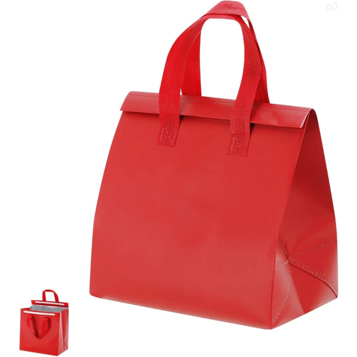 A red cooler bag with a structured design and two handles. It features a logo on its surface.