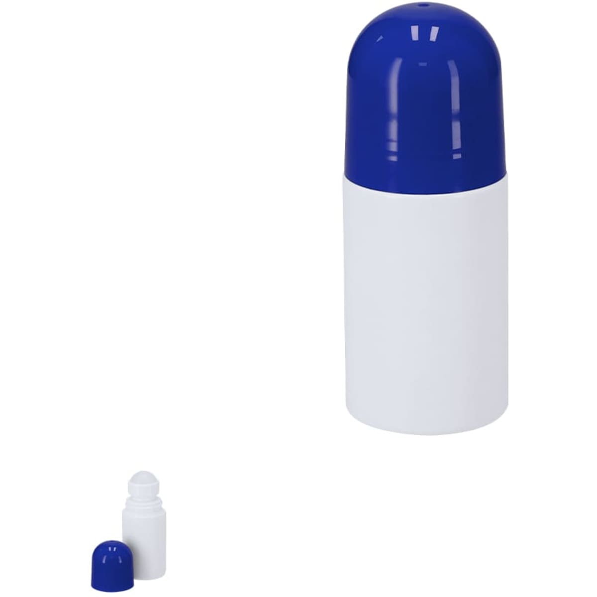 A drink bottle with a blue lid and a white body, featuring a small roll-on cap beside it.