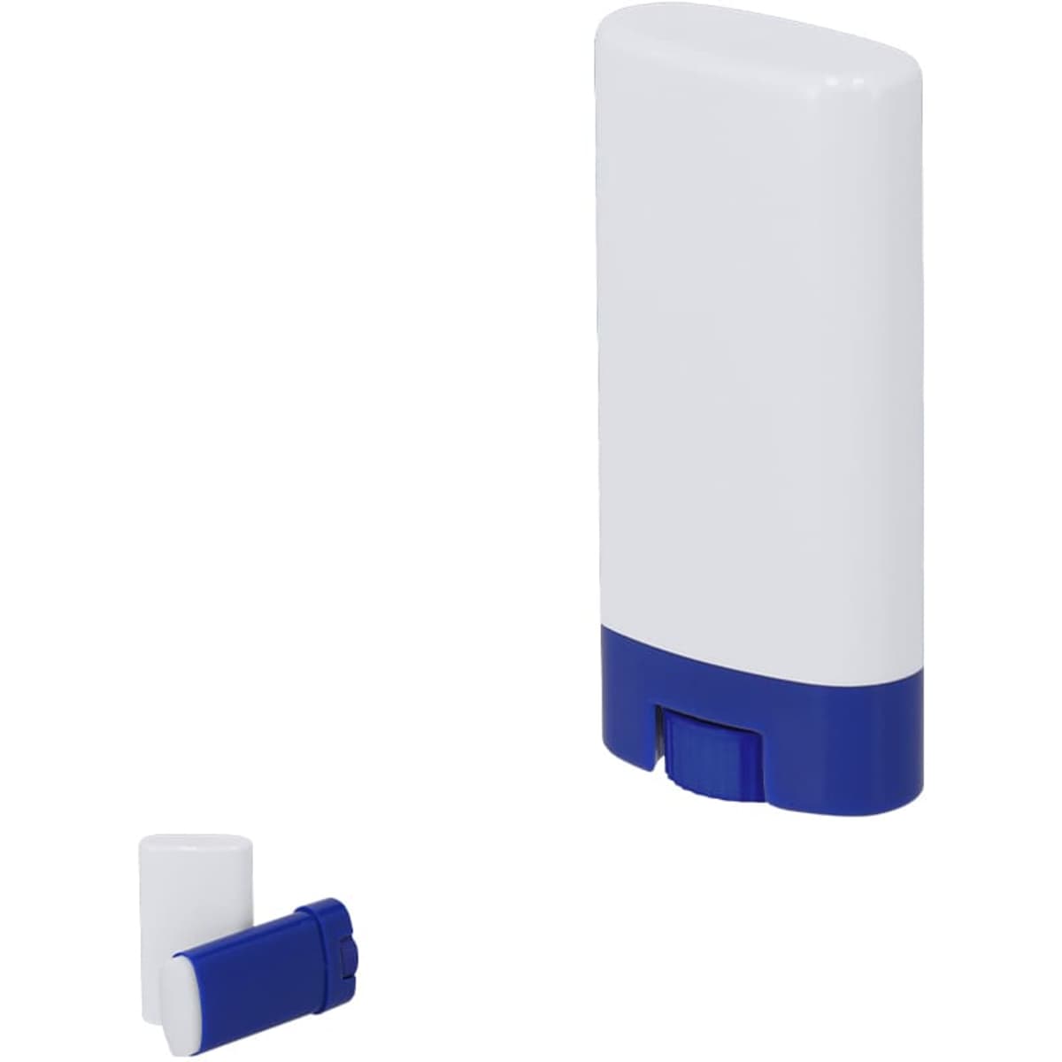 A white sunscreen stick with a blue base, featuring a twist mechanism for easy dispensing. It includes a logo.