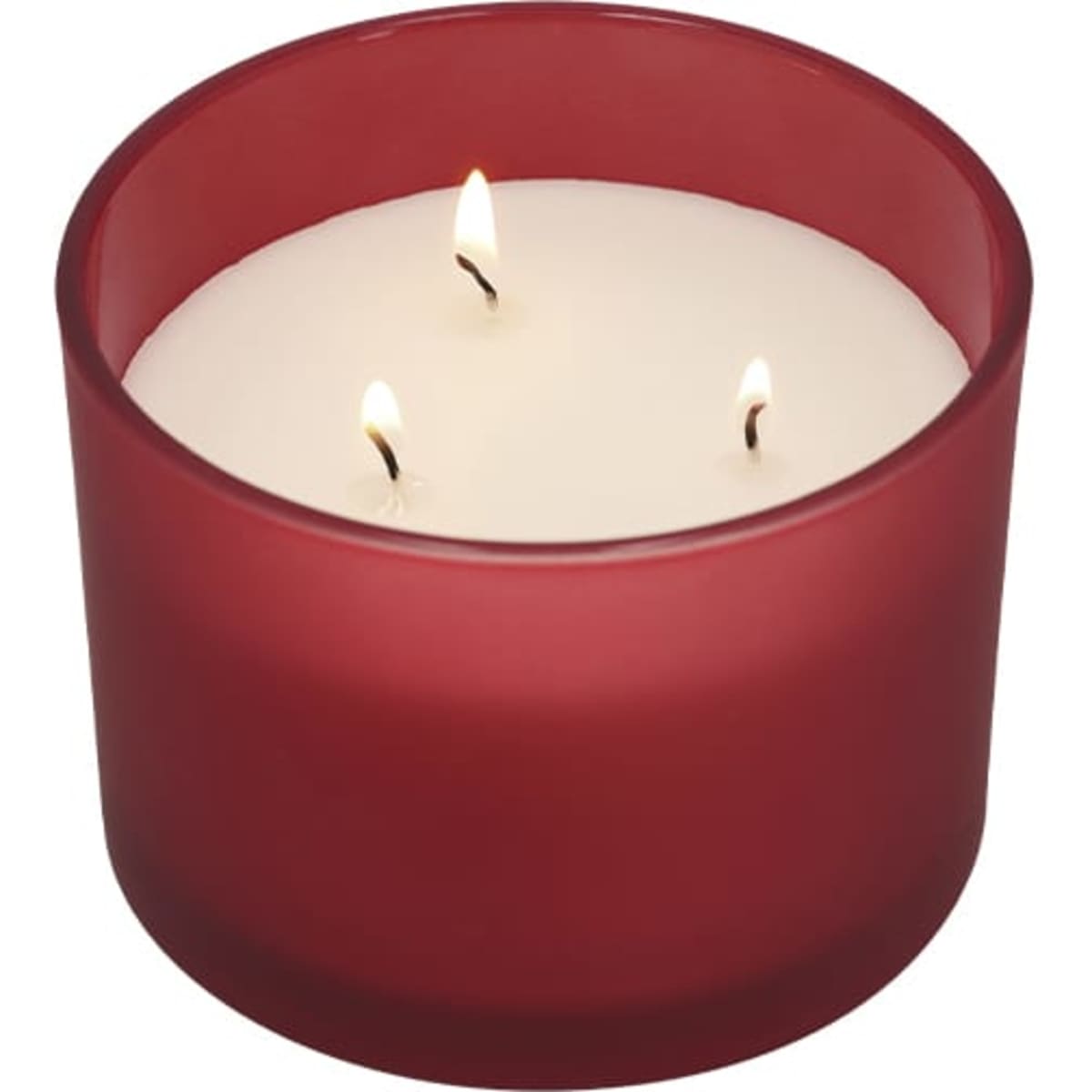 A red glass candle with three wicks and a creamy white wax interior, offering an elegant home decor accent.