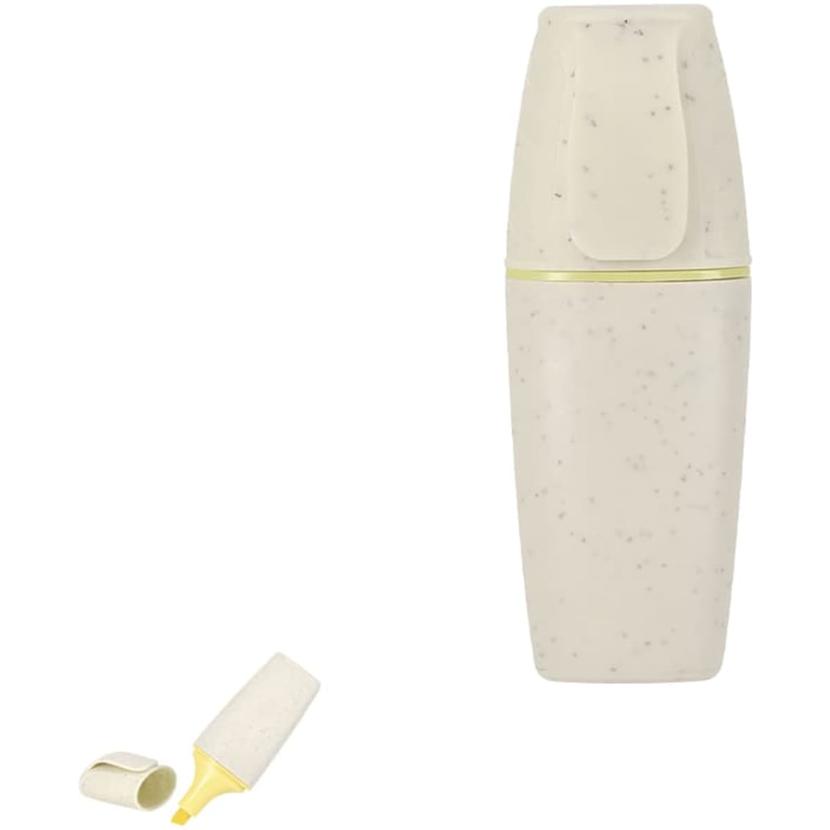 A highlighter in a cream-coloured casing with speckles, featuring a removable cap and a yellow felt tip.