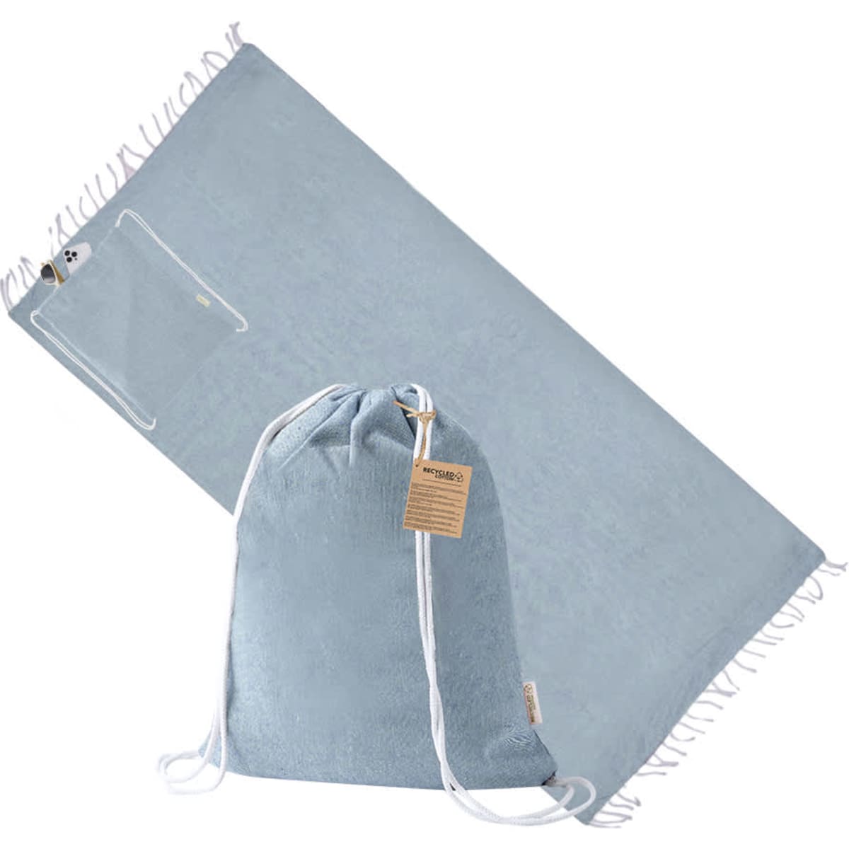 A blue drawstring bag with a matching beach towel, featuring a logo and fringed edges.