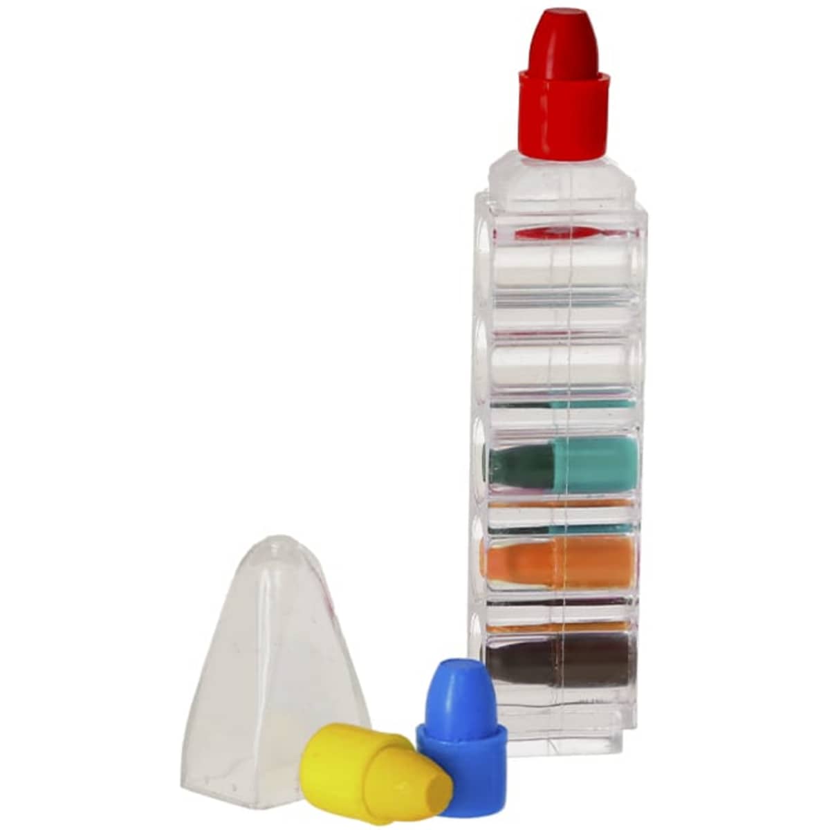A set of multi-coloured writing markers in a clear case, featuring red, blue, yellow, green, and brown.