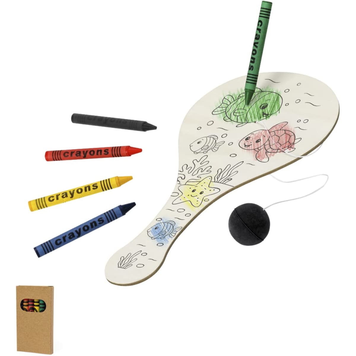 A novelty paddle with colouring sheet, a black ball, and four coloured crayons in red, yellow, and green. Features a logo.