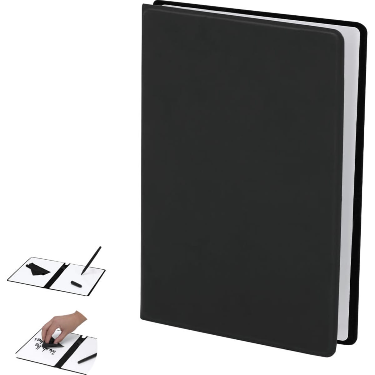 A black Komar Notebook with a sleek design, featuring a logo and an inner layout for note-taking.