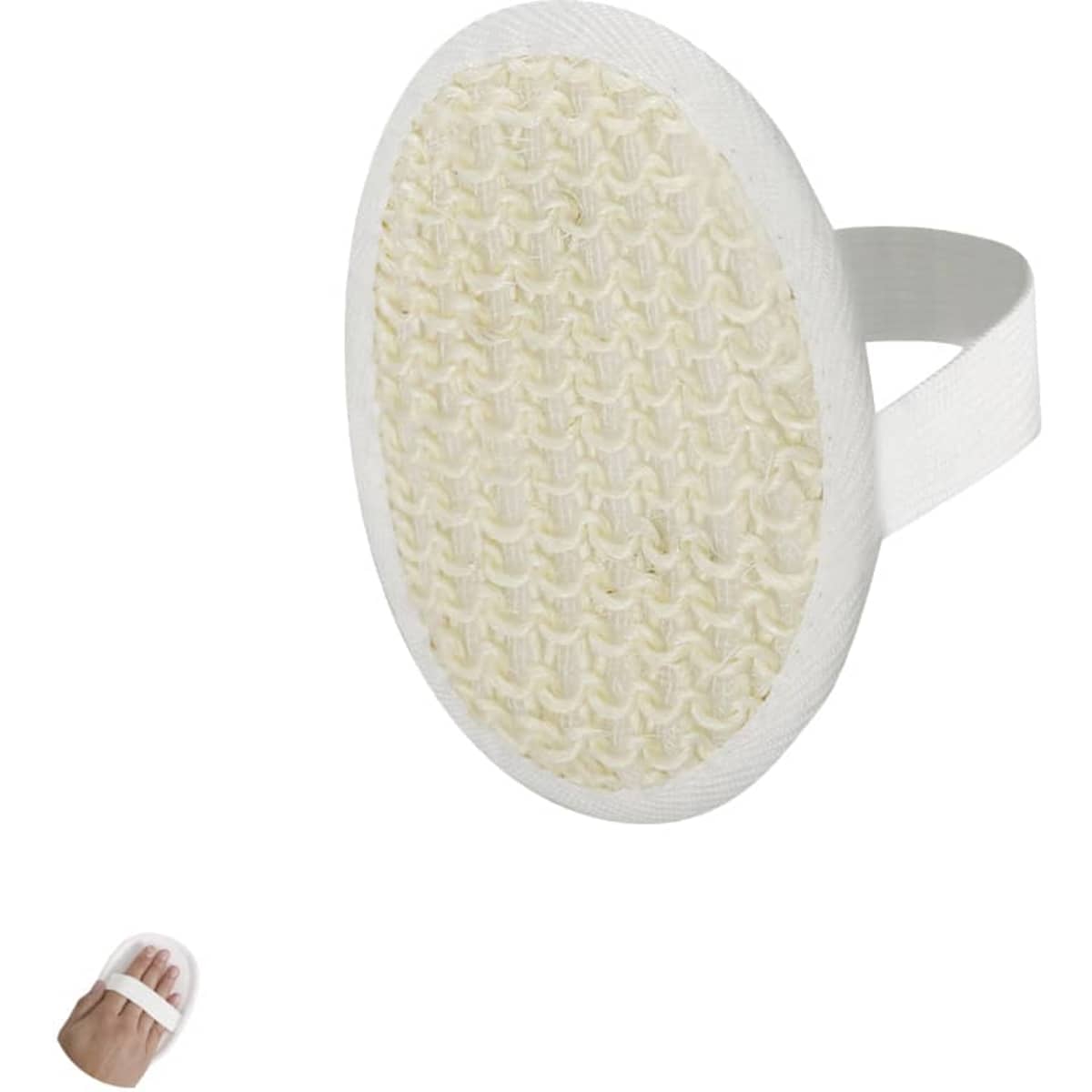 A round exfoliating scrub pad with a textured surface, featuring a white strap for easy handling.