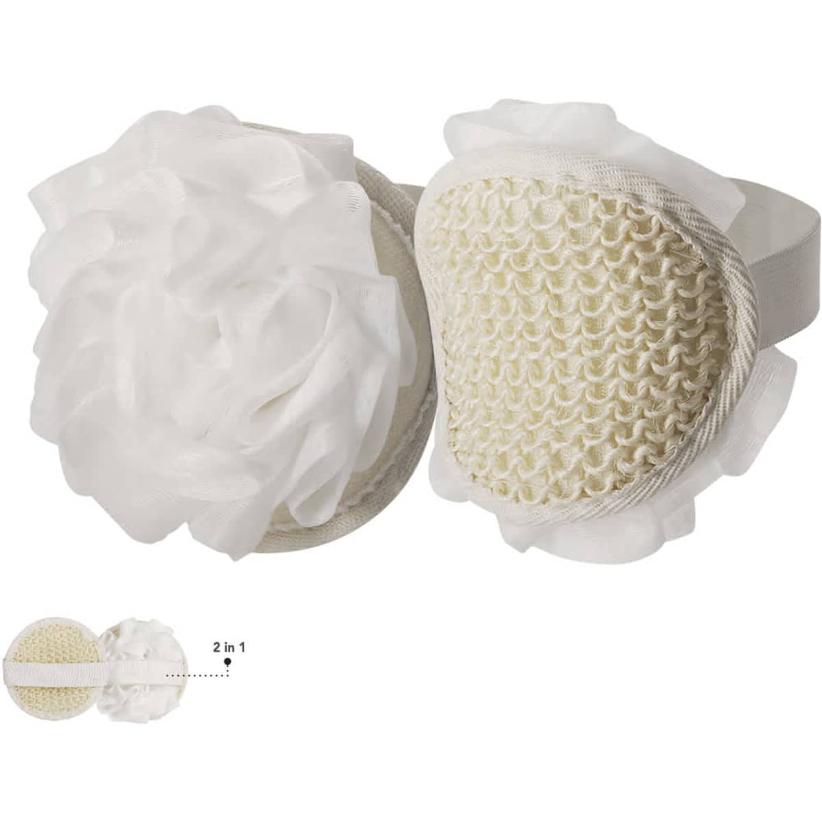 A pair of white bath sponges with textured surfaces, featuring a fluffy white mesh decoration.