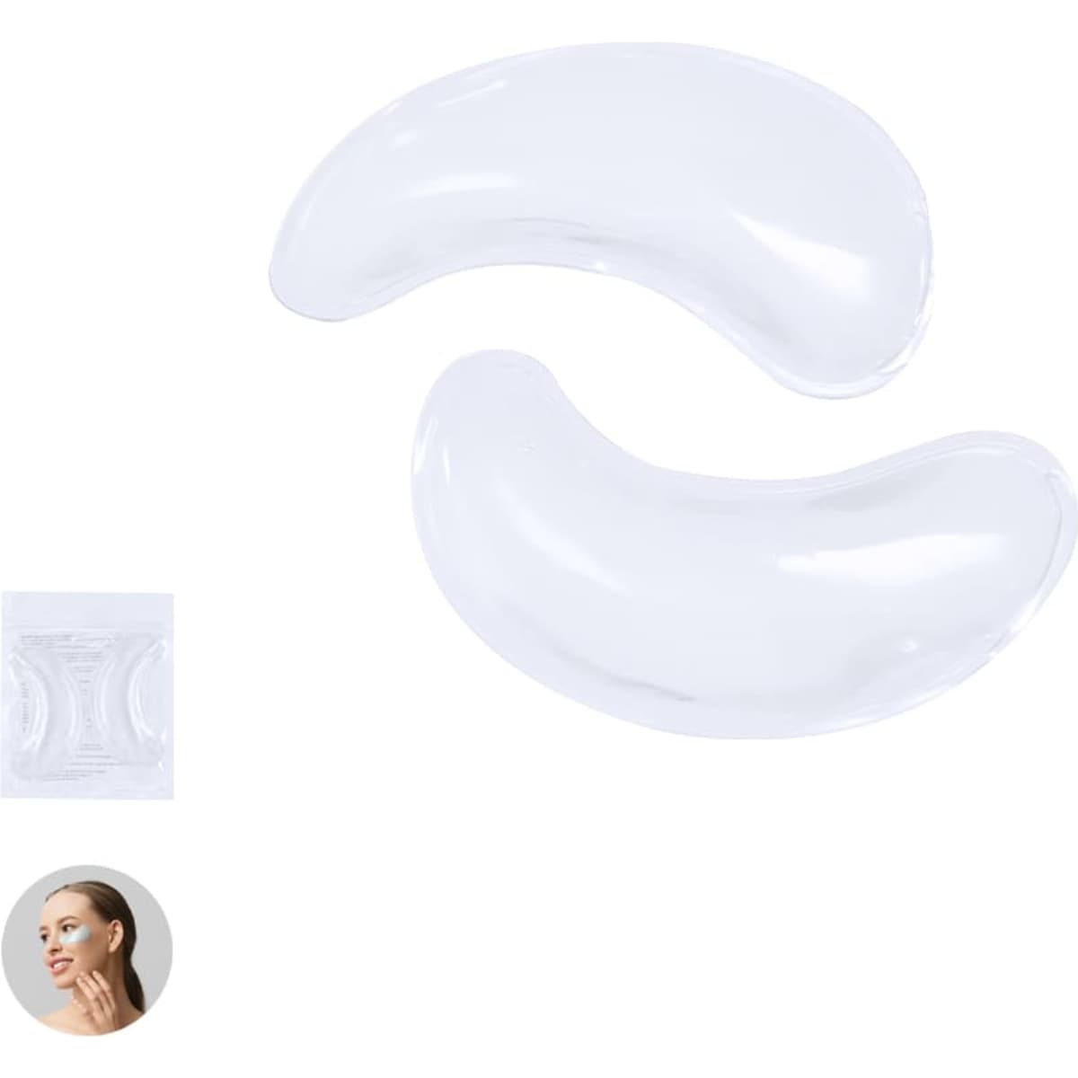 Two transparent eye patches in a curved shape, packaged alongside an image of a person applying them.