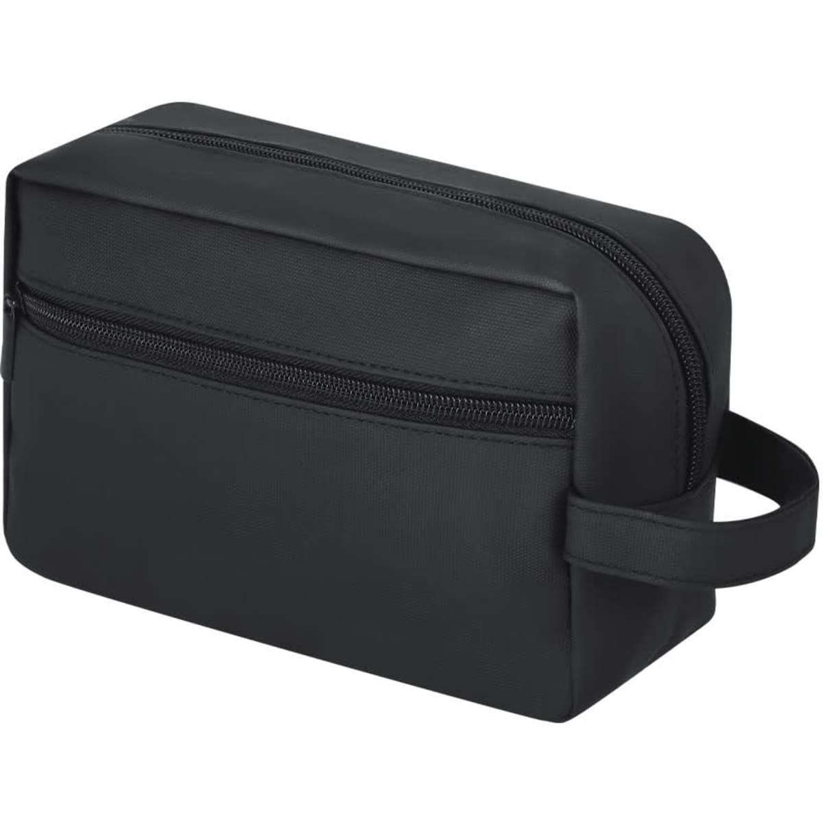A black toiletry bag with a zippered closure and a side handle, featuring a sleek design and logo.