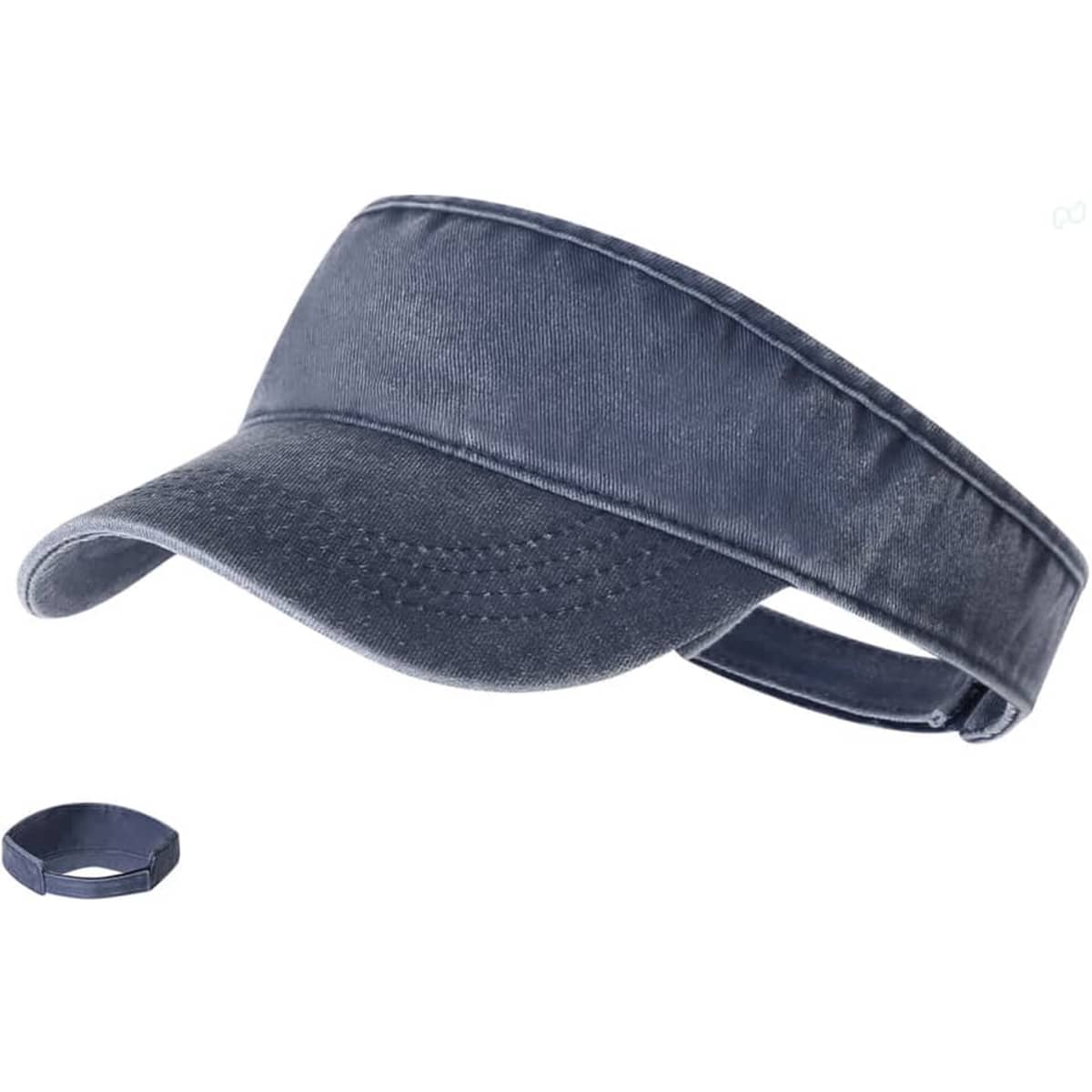 A navy visor with a curved brim and an adjustable strap. Includes a matching band.
