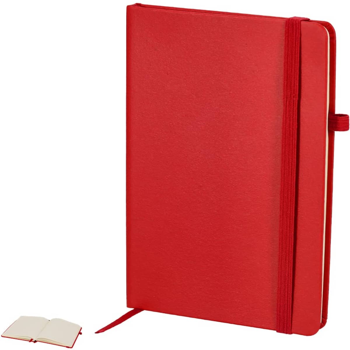 A red notebook with a textured cover, featuring an elastic band closure and a small open notebook beside it.