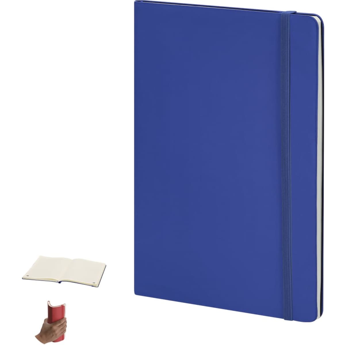 A blue notebook with a flexible cover and an elastic band closure, featuring an interior with blank pages.