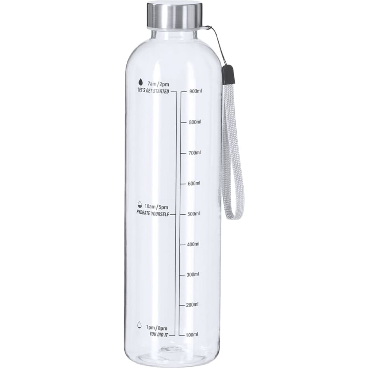A drink bottle with a clear design, silver cap, and measurement markings for easy hydration tracking.
