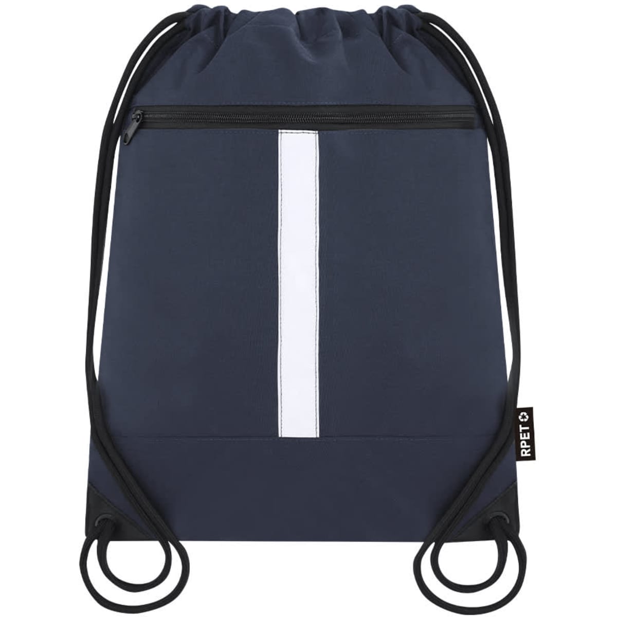 A navy drawstring bag with a front zip pocket and a white stripe, featuring branding.