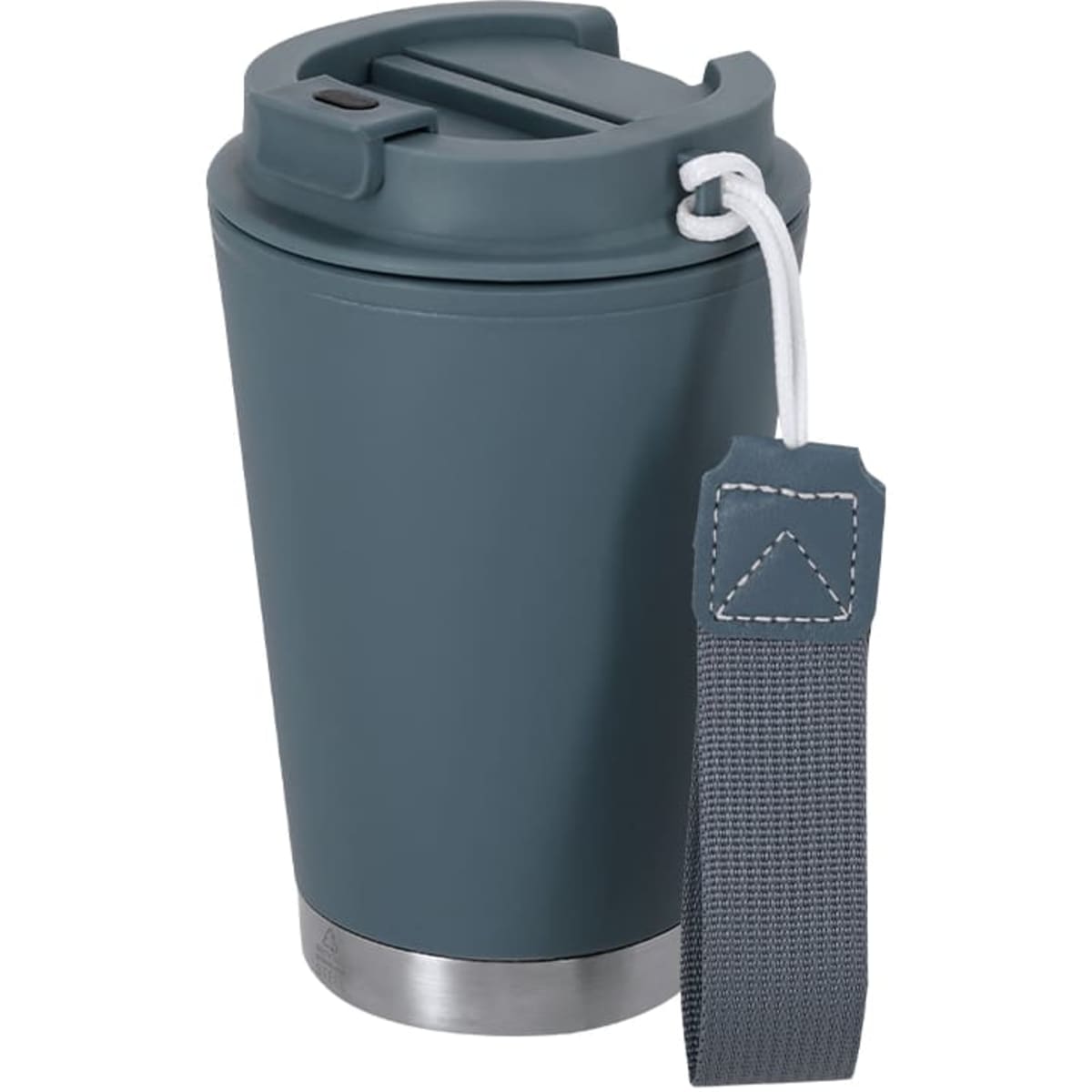 A teal insulated travel mug with a grey strap and a secure lid, featuring a branding logo.