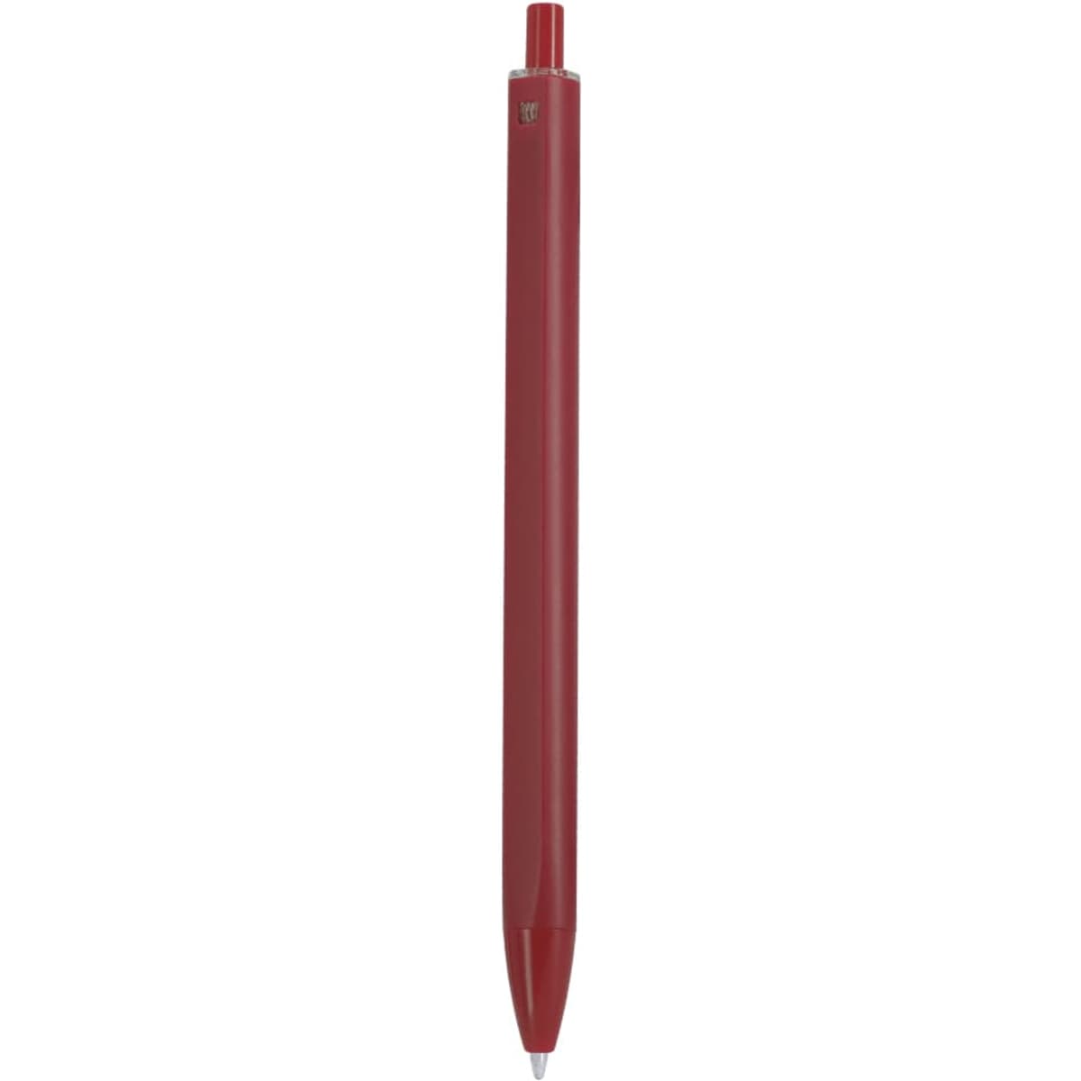 A red plastic pen with a sleek design, featuring a logo near the top.