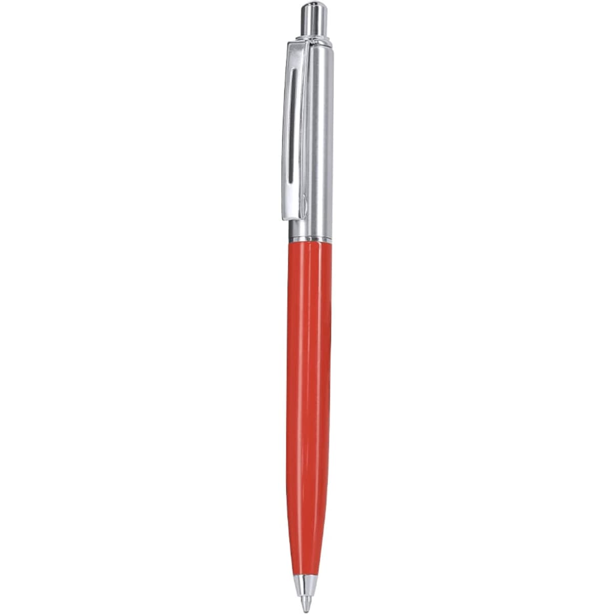 A metal pen in vibrant red with a silver clip and tip. The pen features a logo.