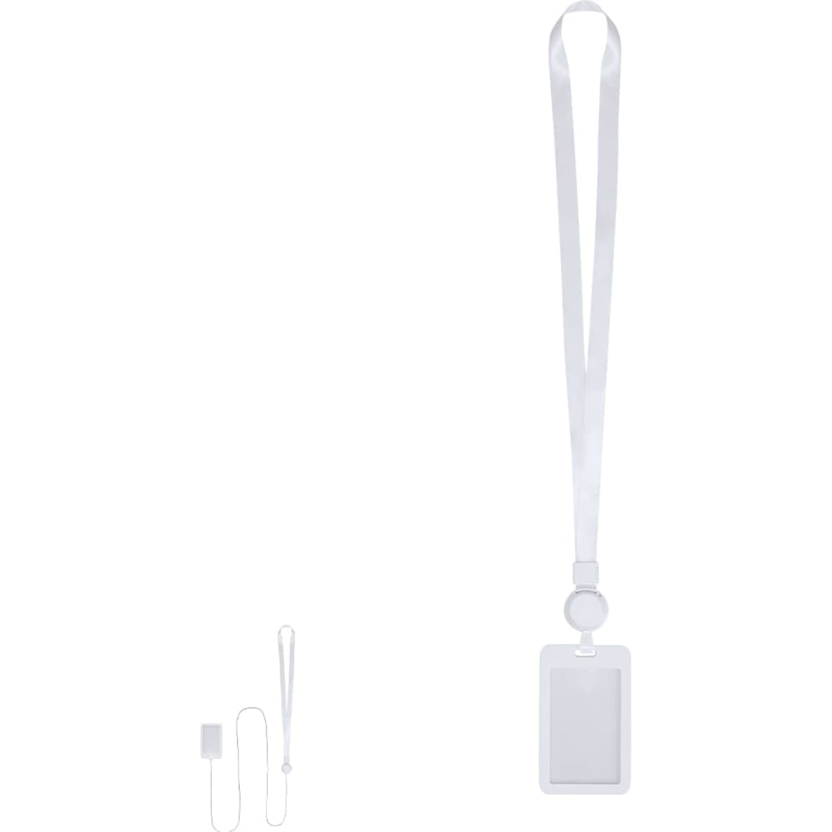A white lanyard with a badge holder and a retractable reel attachment. The lanyard is sleek and simple in design.