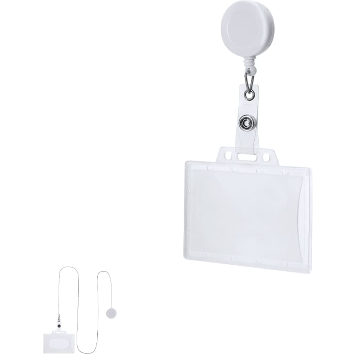 A white badge reel with a retractable cord and a clear holder for displaying ID cards or badges.