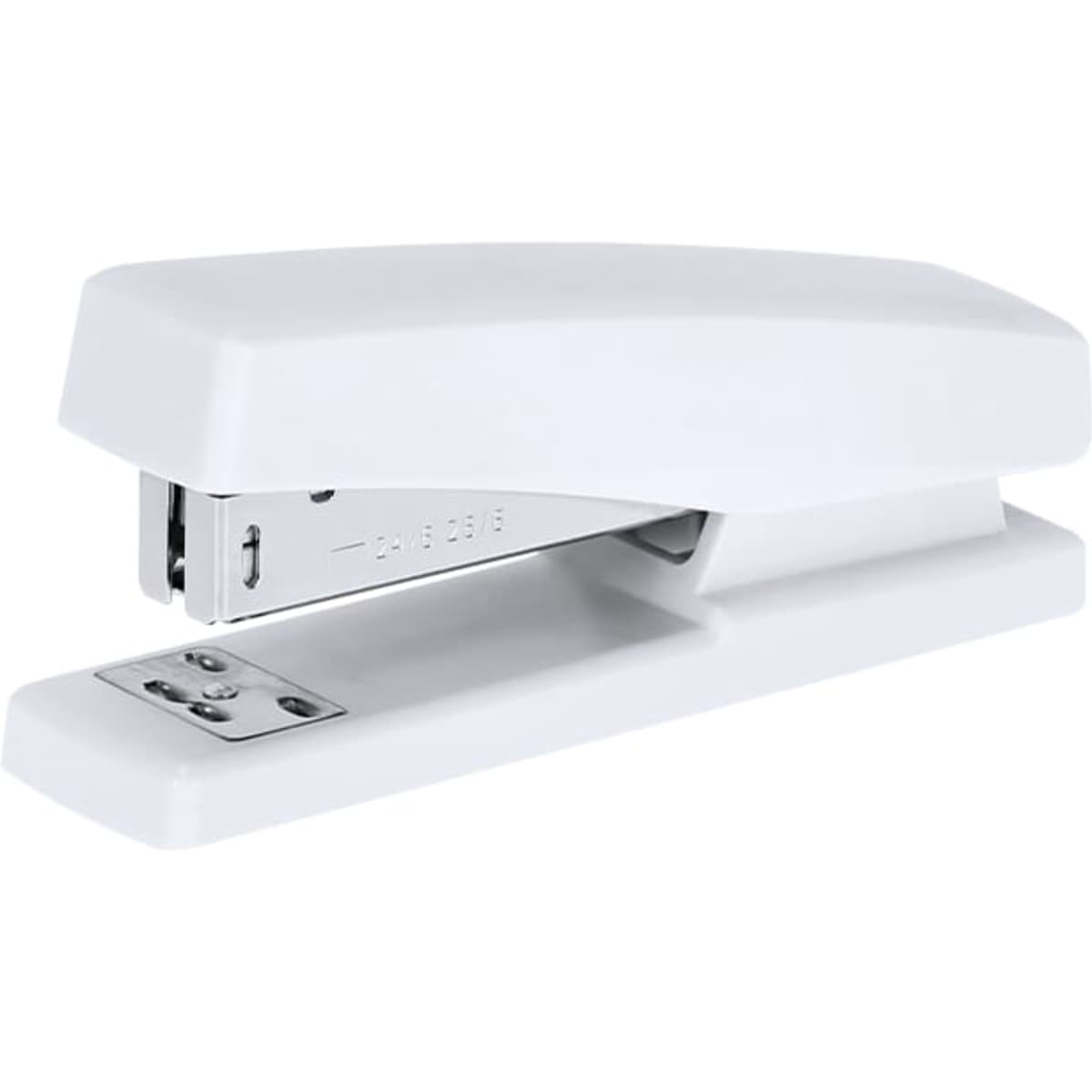 A white stapler featuring a sleek design and a silver metallic base, with a logo on the side.