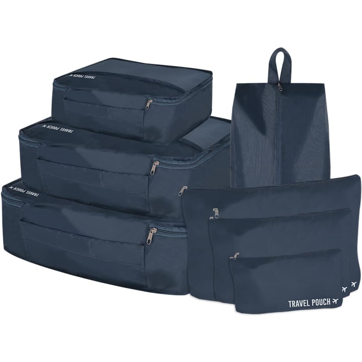 A set of navy travel pouches and bags in various sizes, featuring zippers and a logo.