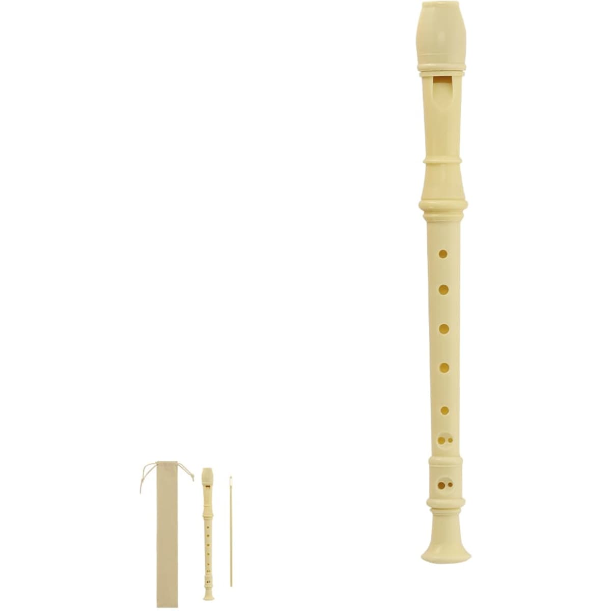 A recorder with a light ivory colour, featuring visible finger holes and a simple design. It includes a cleaning rod.