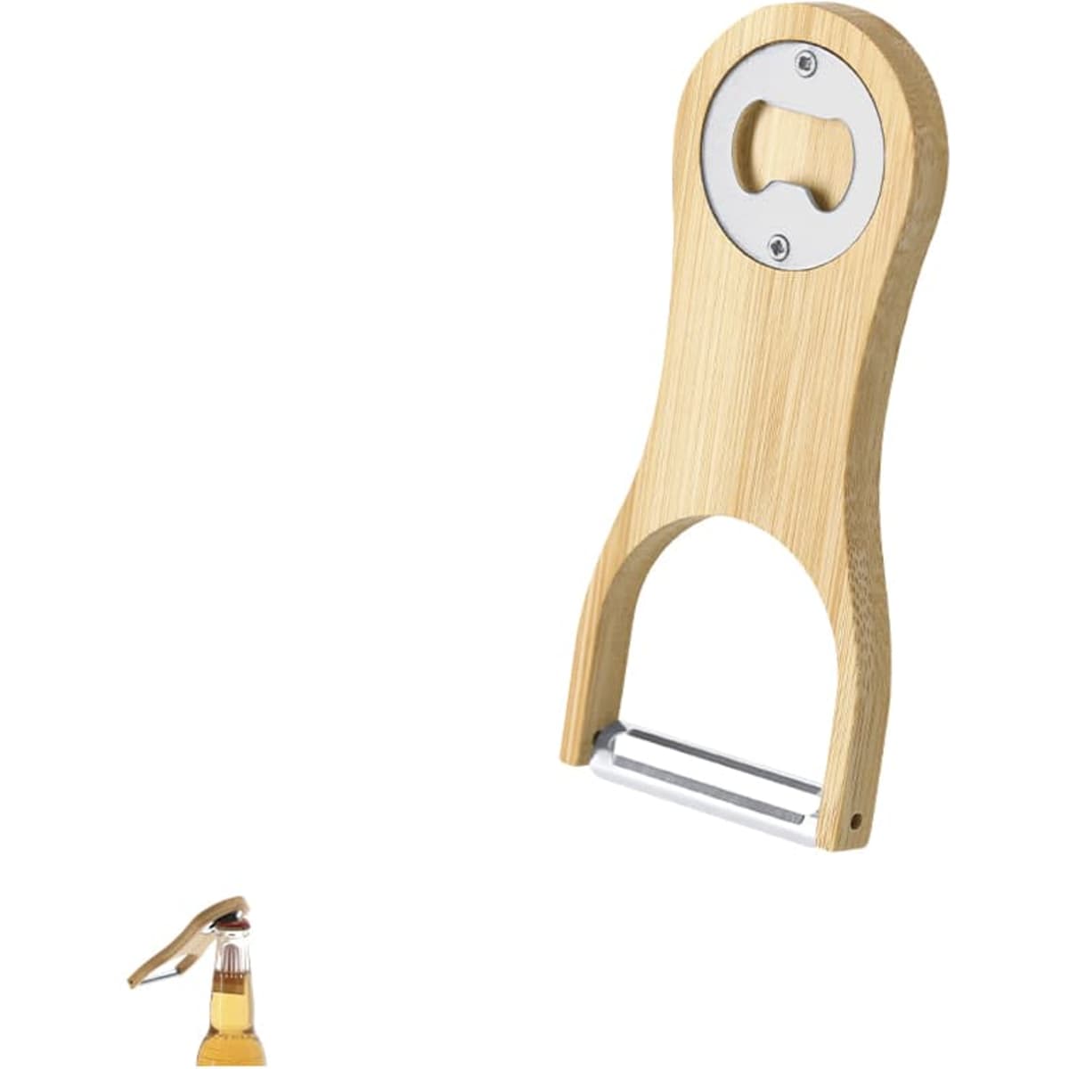 A drink bottle opener made of bamboo, featuring a shiny metal opener and a sleek, minimal design.