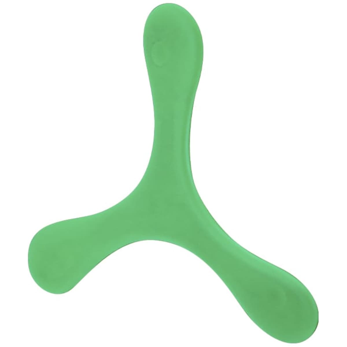 A green frisbee-shaped throwing toy with a three-pronged design, featuring a logo.