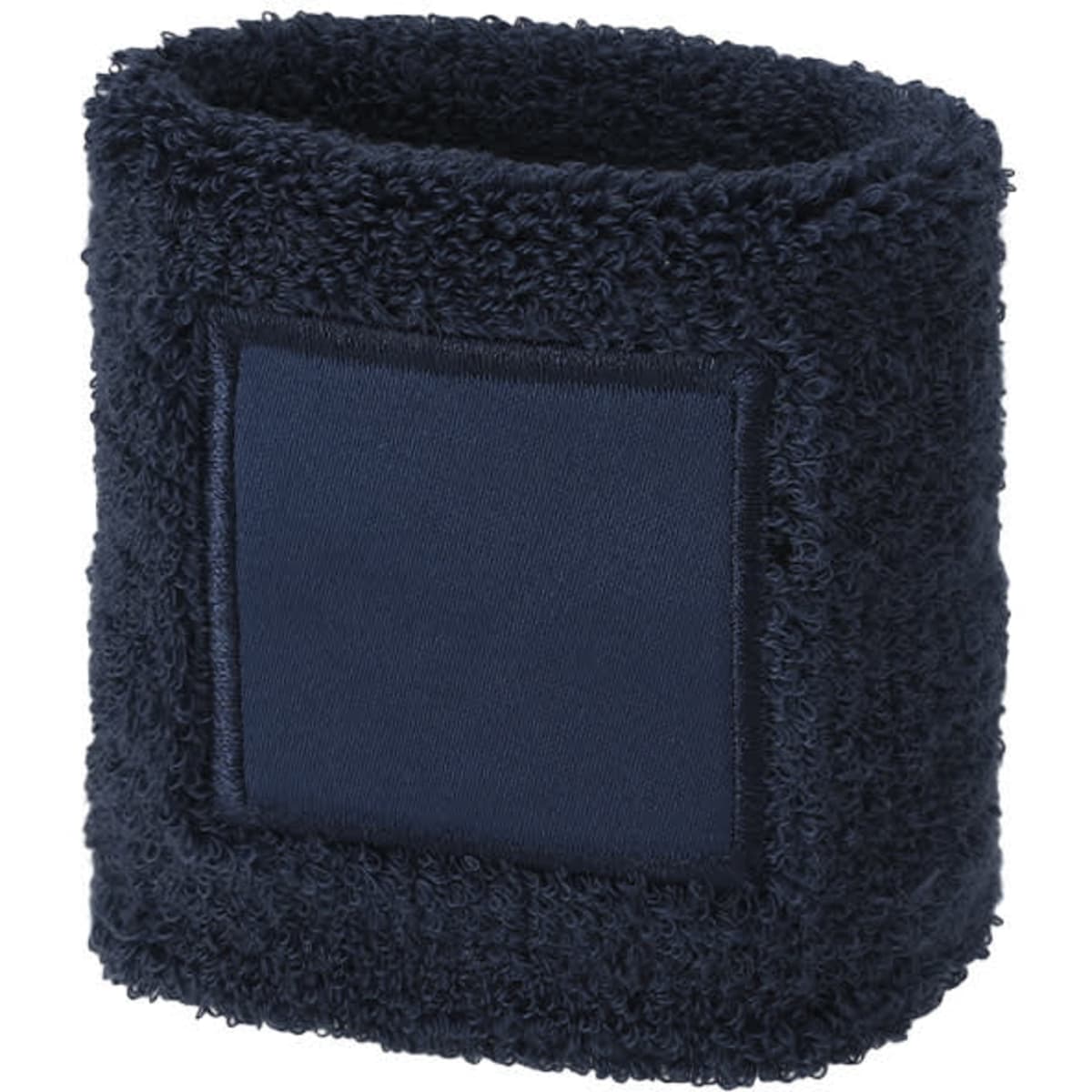 A navy blue wristband made of soft, textured fabric, featuring a smooth square panel. It has a logo.
